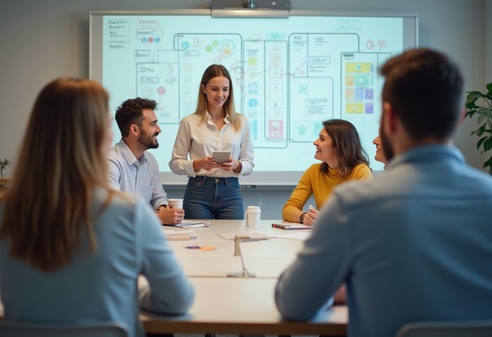 A team of developers talking about mobile app development, with the UX UI of their app concept on the screen behind them