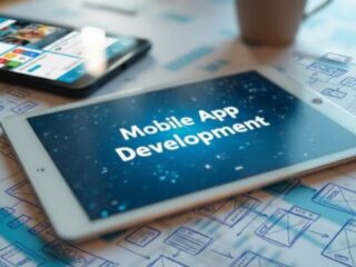 A tablet with a "Mobile App Development" slide shown on its screen.