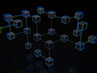Abstract digital blocks on a dark background, representing the complex systems that AI managed security defends.
